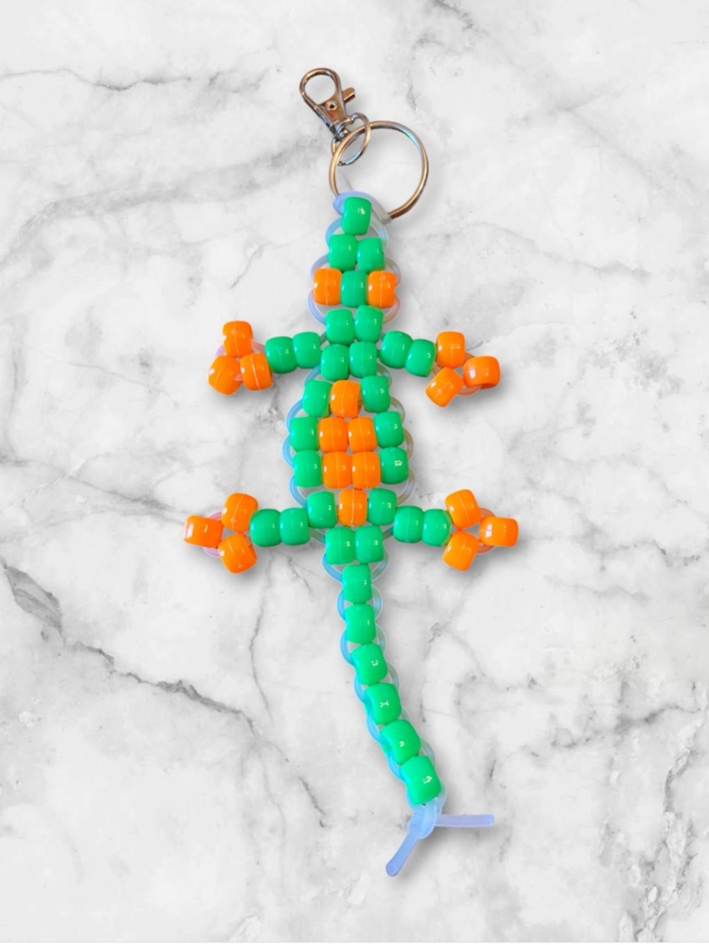 Handmade Beaded Lizard Keychain - Green & Orange